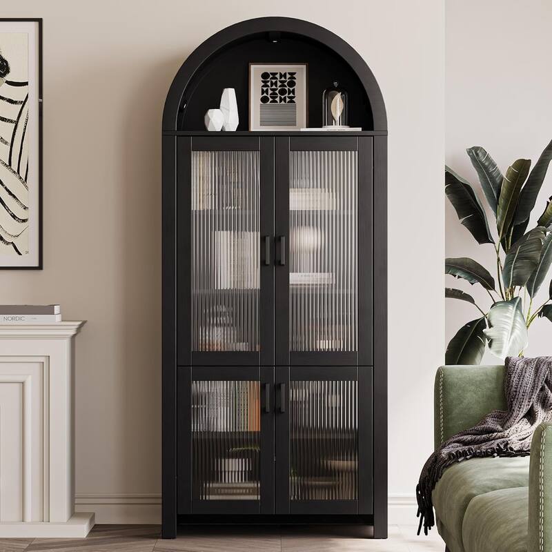 71" Tall Arched Cabinet with Glass Doors, Modern Farmhouse Arched Bookcase Storage with Shelves, Pantry Cabinet