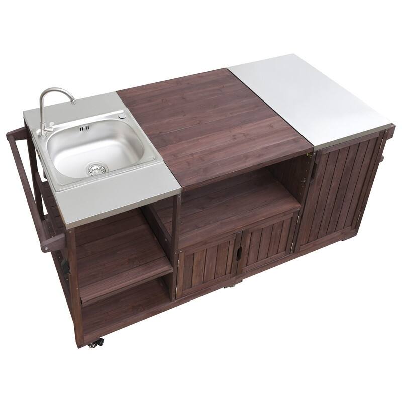 75.4" Rolling Outdoor Kitchen Island with Stainless Steel Top, Premium Solid Wood Grill Cart with Sink and Wheels for Outdoor
