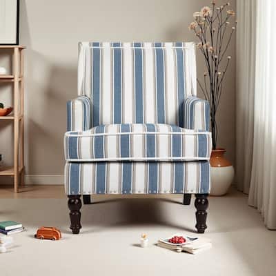 Striped Linen Accent Chair with Nailhead Trim and Solid Wood Frame