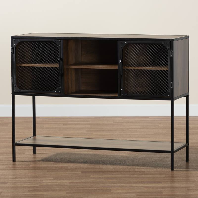 Cardea Modern Industrial Walnut Brown Finished Wood and Black Metal 2-Door Sideboard