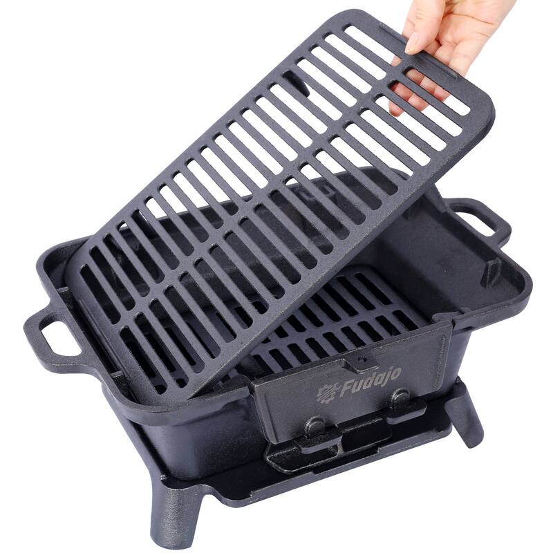 Anmytek Compact Cast Iron Tabletop Charcoal Grill with Dual-Layer Grate, Portable Mini BBQ Grill with Sliding Ash Door