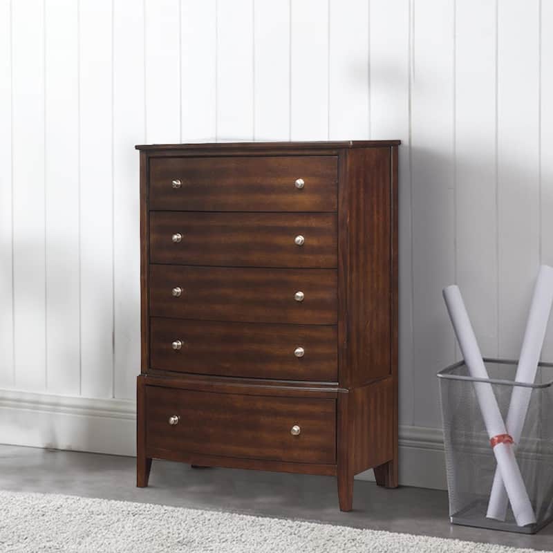 5 Drawer Wooden Chest with Chamfered Legs, Dark Brown
