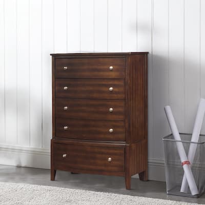 5 Drawer Wooden Chest with Chamfered Legs, Dark Brown