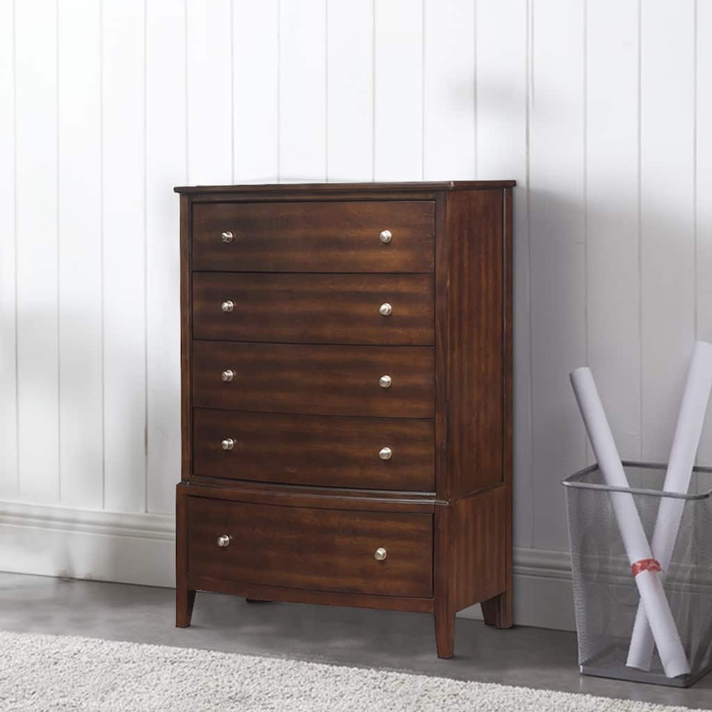 5 Drawer Wooden Chest with Chamfered Legs, Dark Brown