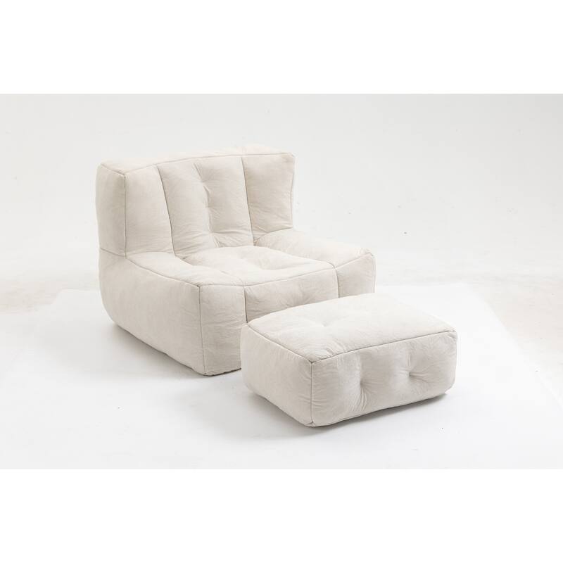Fluffy Bean Bag Chair Comfortable Bean Bag Super Soft Lazy Sofa Chair with Memory Foam and Ottoman - White