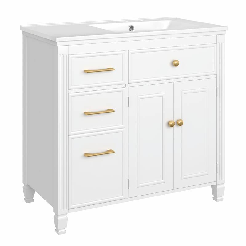 36" Bathroom Vanity with Sink, Ceramic Sink, One Tip-out Drawer, 3 Side Drawers