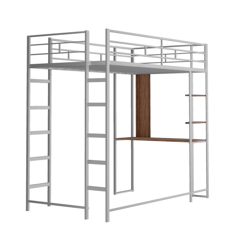 Loft Bed with 2 Shelves and Desk, Twin Size Metal Bed with Workspace
