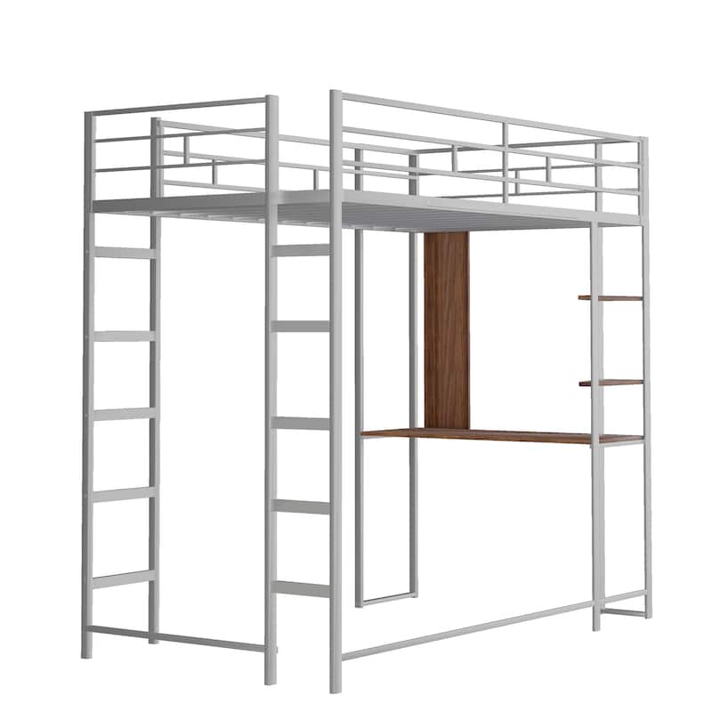 Silver Twin Size Metal Loft Bed with Ladder, Fence, Shelves, and Desk