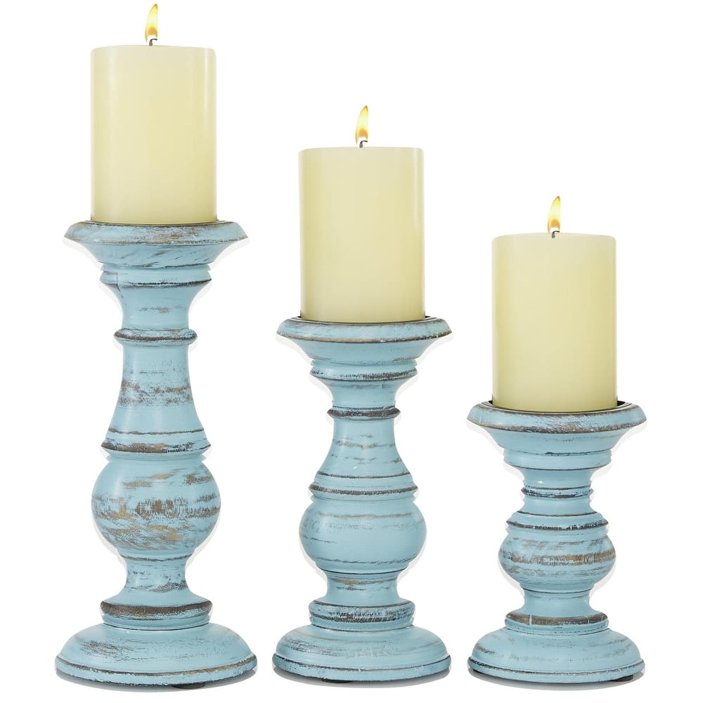 Mango Wood Distressed Turned Pillar Decorative Candle Holder - Set of 3 - Roche River Decor