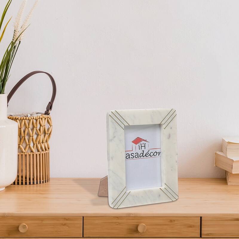 4X6 Marble White With Brass Inlay Picture Frame