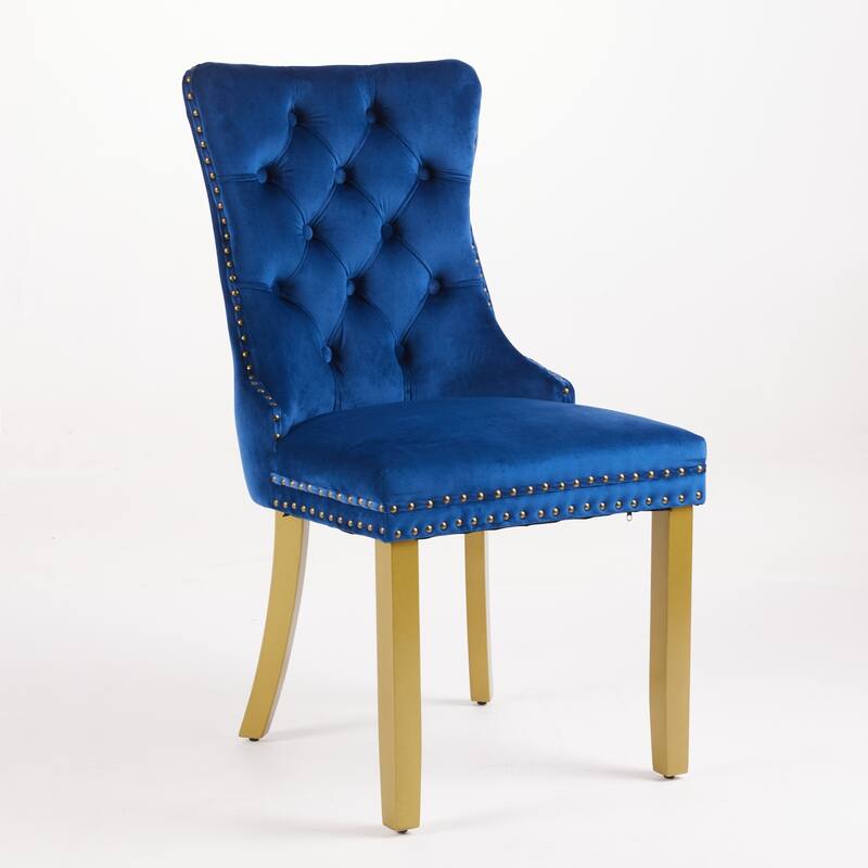 High-end Tufted Solid Wood Contemporary Velvet Upholstered Dining Chair with Golden Wooden Legs Nailhead Trim 2-Pcs Set