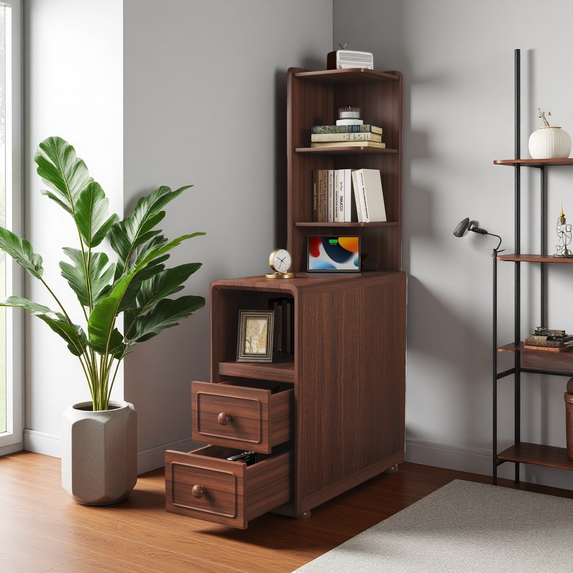 23.6"L Rubber Wood & MDF End Table with Drawers, Open Shelves & Charging Station