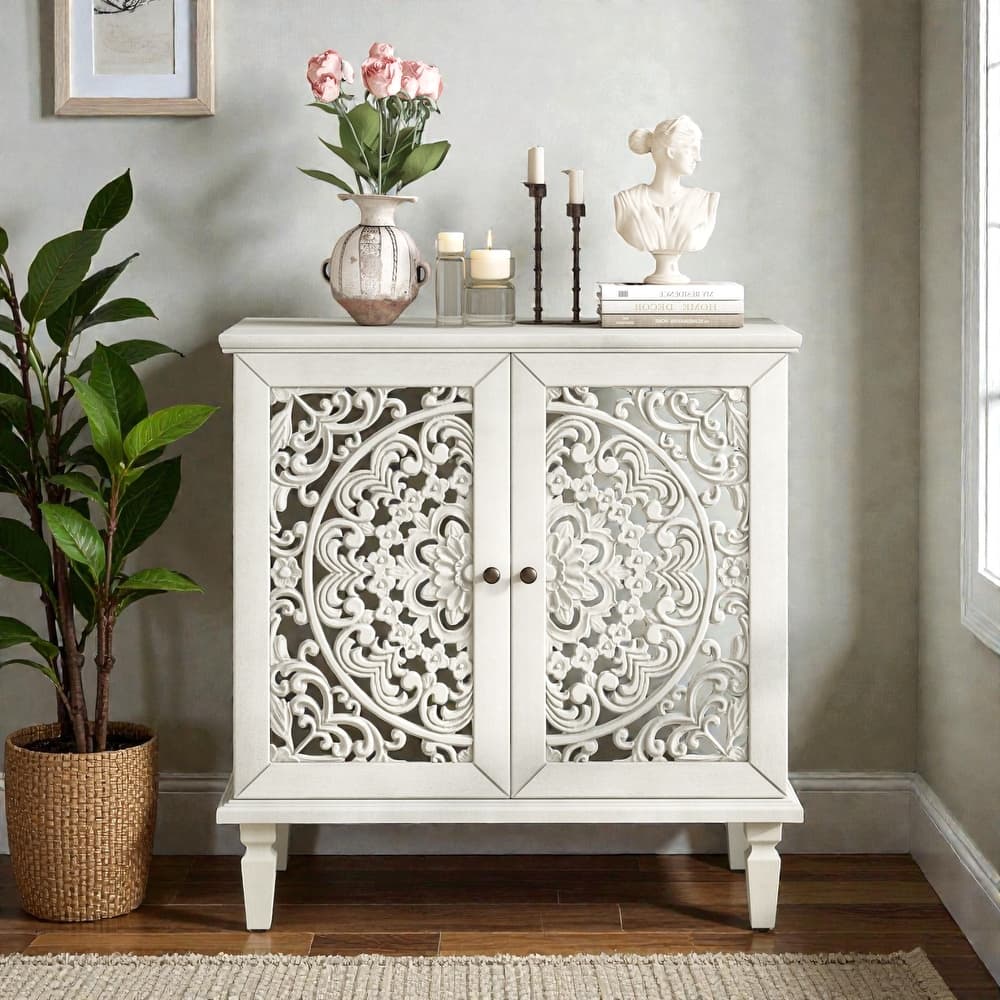 Vintage Hollow-Carved 2-Door Accent Cabinet with Floral Design, Adjustable Shelf and Solid Wood Legs, 31.5'' Sideboard