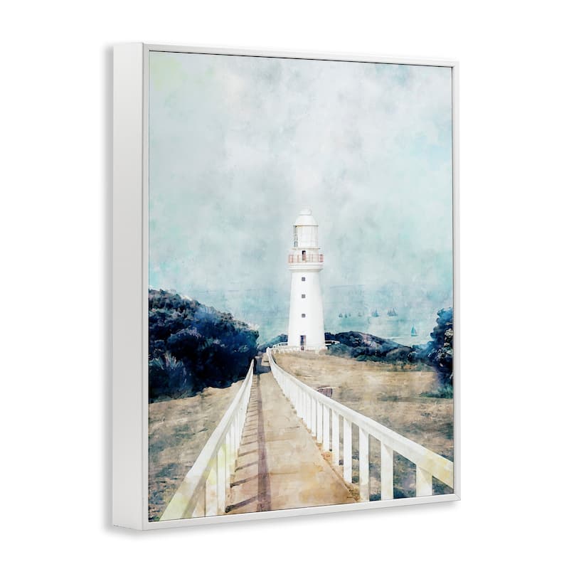 Stupell White Lighthouse Boardwalk Rocky Cliff Coastal Landscape Water Framed Wall Art - Blue