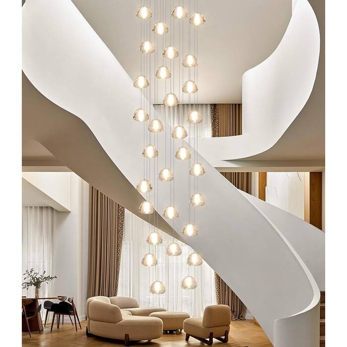 KAYLA 30-Lights Gold Modern Crystal Chandelier for Staircases, 157" Extra-Long Adjustable LED Ceiling Light