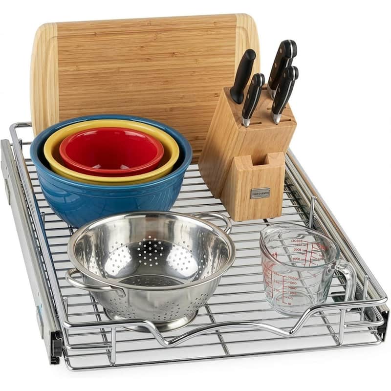 Pull Out Cabinet Drawer Organizer, Heavy Duty- Steel Metal- Chrome Finish