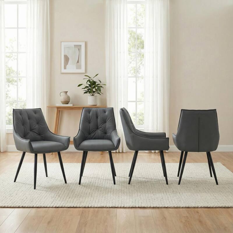 Set of 4 Side Chair Dark Gray Dining Chair Kitchen Chair Simple Leather Chair Flat Back Upholstered Chair