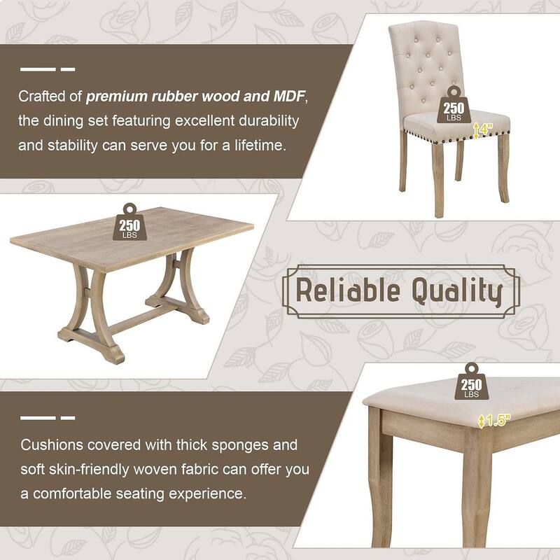 6 PCS Farmhouse Dining Table Set for 6 - Rectangular Trestle Table with Chairs & Bench