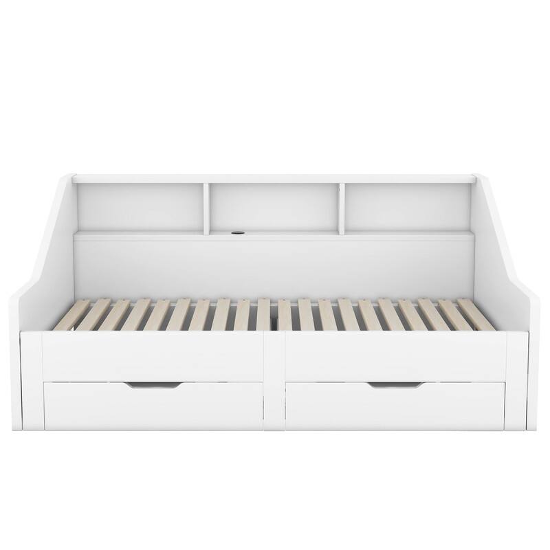Twin to King Size Daybed Frame with Storage Bookcases and Two Drawers,Charging Design