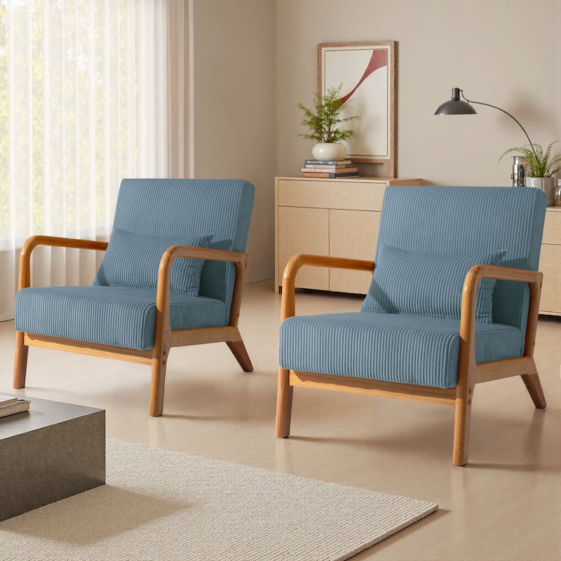 Modern Upholstered Accent Chair with Wood Legs Set of 2 - Brown Frame - Blue/Natural