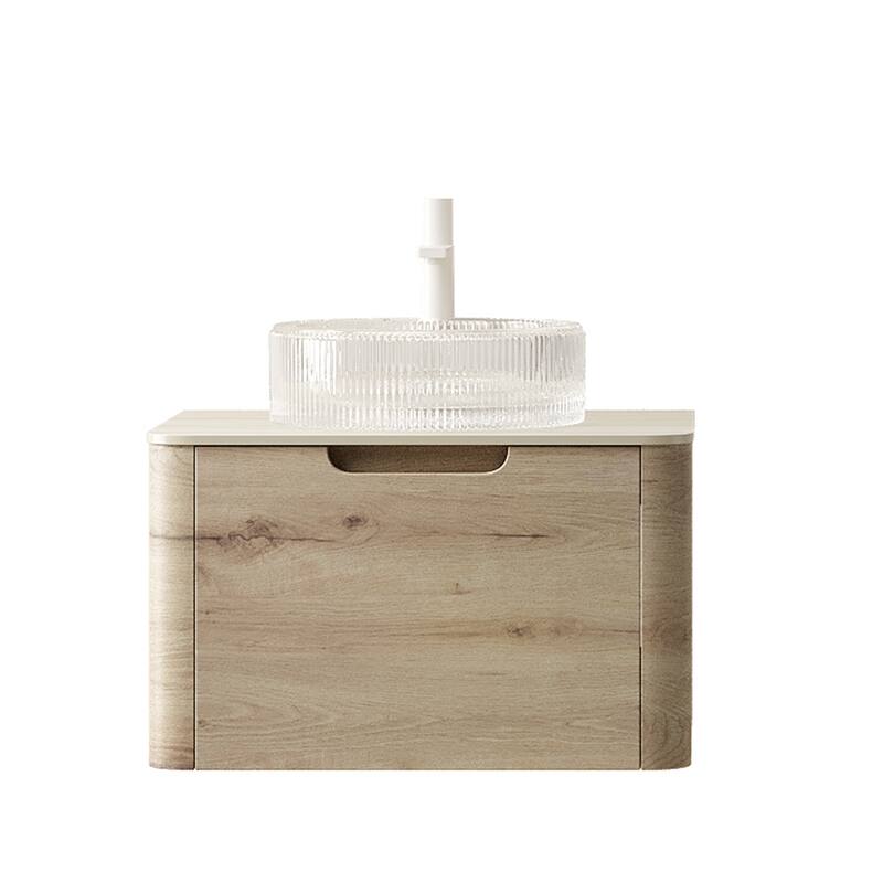 GDFStudio - Xai Floating Bathroom Vanity with Transparent Round Glass Basin, Roma Travertine-Pattern Sintered Stone Top