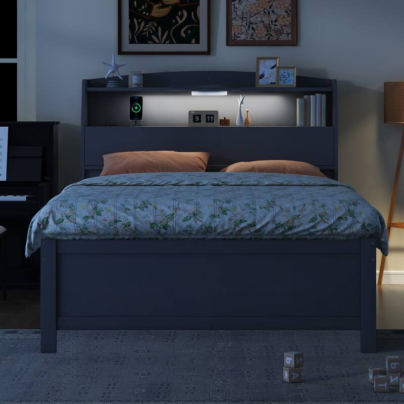 Roomfitters Wooden Platform Bed with Trundle, Headboard Storage and Accent Lighting