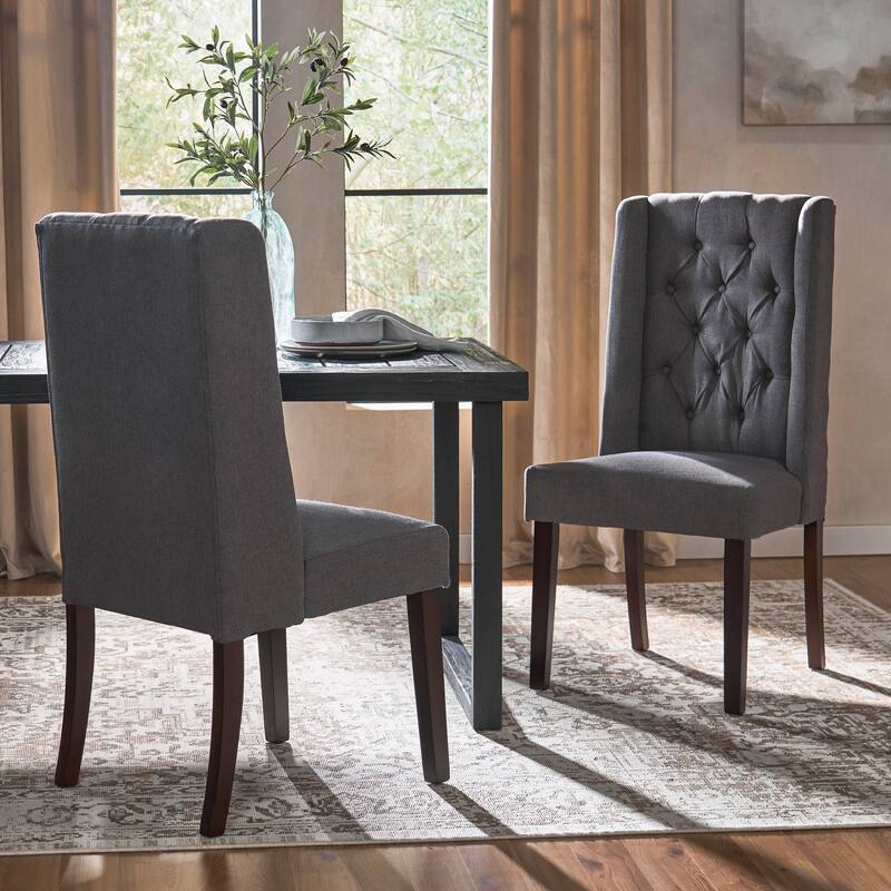 Wingback Upholstered Dining Chairs Set of 2, Fabric Side Dining Room Chairs with Tufted Button, Home Kitchen Wood Chairs - DARK GREY