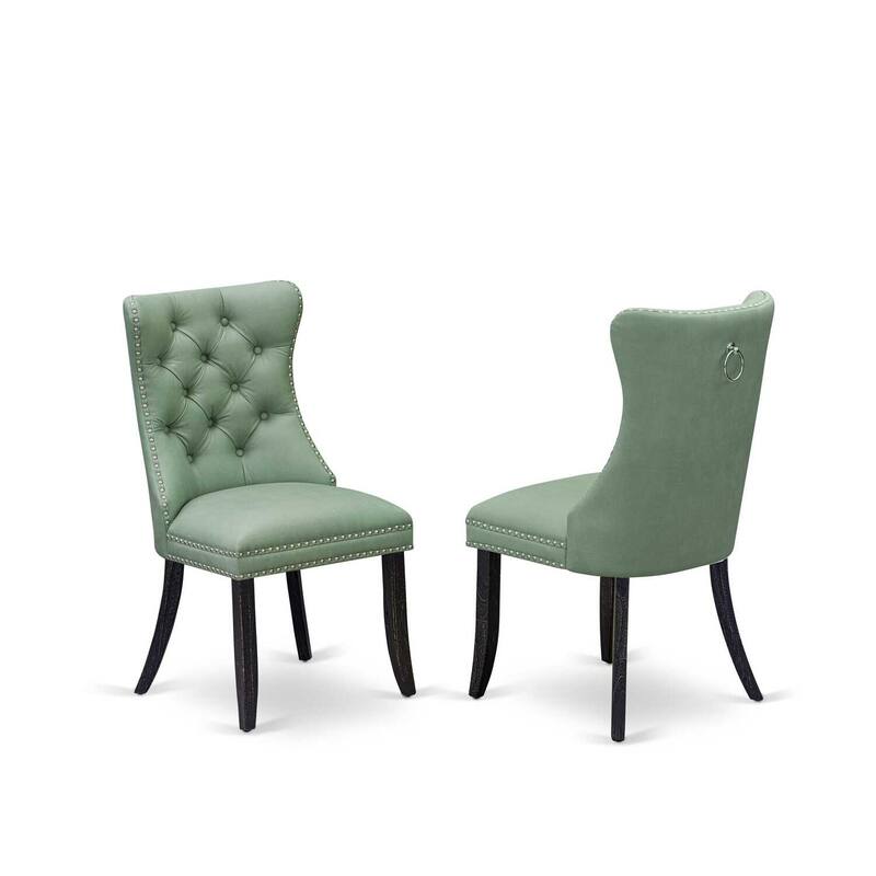 Parson Dining Chairs Set of 2 - Tufted Upholstered Accent Chairs - Willow Green Faux Leather - Black Legs