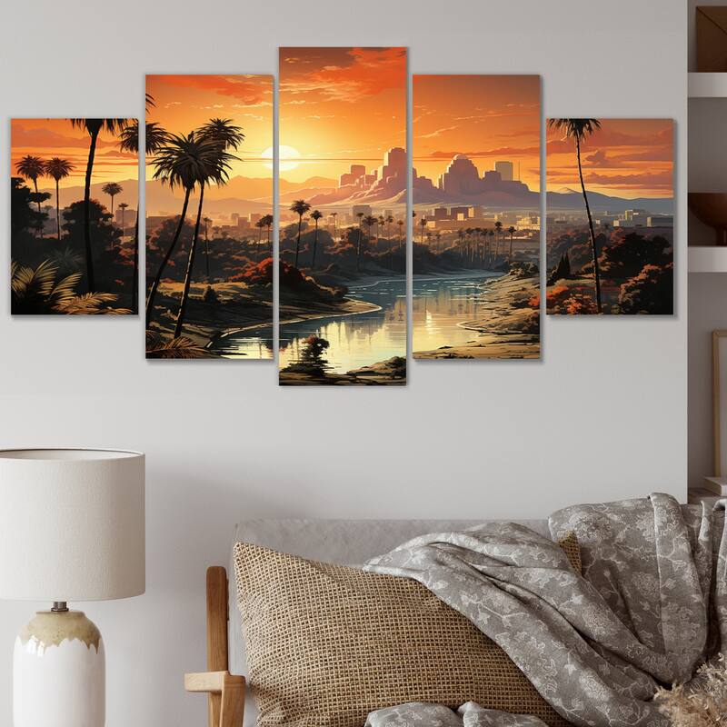 Designart "Los Angeles City Of Angels III" Los Angeles Multipanel Wall Decor set - 60 In. Wide X 32 In. High - 5 Panels Diamond Shape