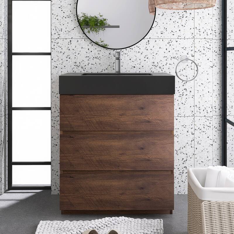 24"/30"/36" Freestanding Bathroom Vanity Set with Black Integrated Quartz Sand Sink - 30" x 18" - Textured - Walnut