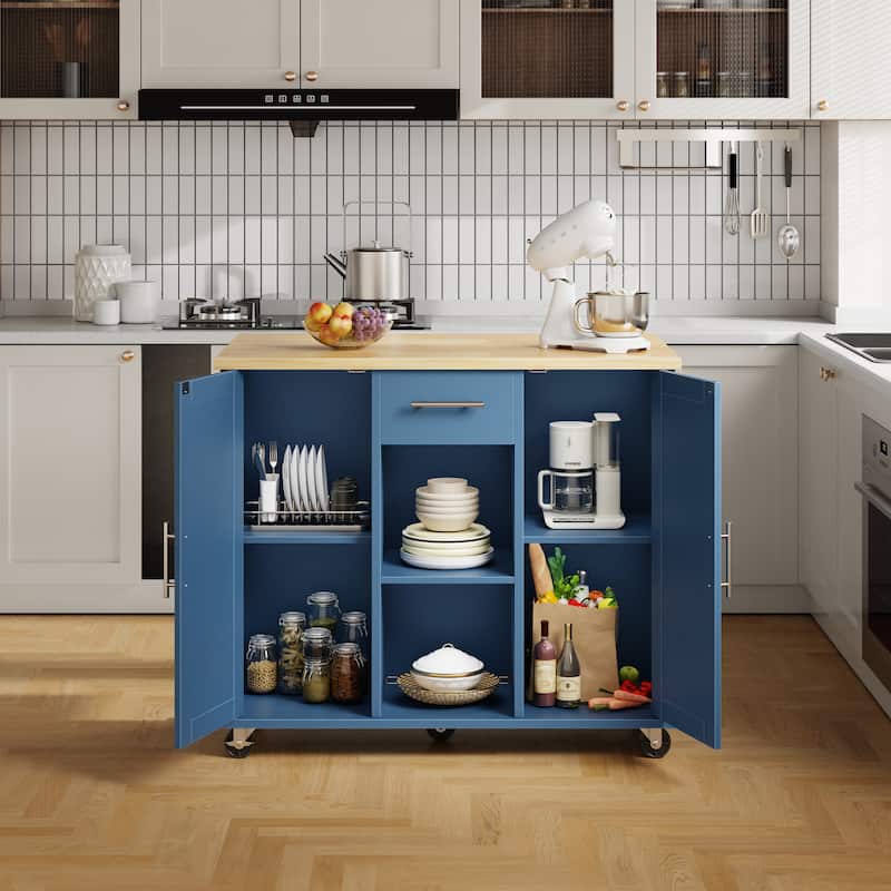 2-Door Kitchen Island with Drawer & Drop Leaf - Mobile Storage Cart on Lockable Wheels for Kitchen, Dining Room, Bar