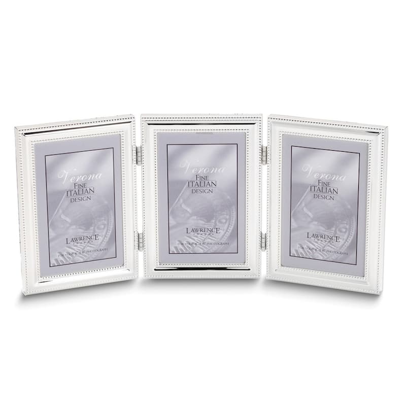 Curata Silver-Plated Portrait Hinged Beaded Triple 5x7 Photo Frame
