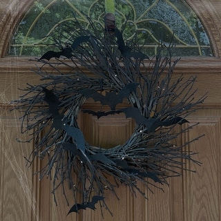 Haunted Hill Farm 15-In. Black Twig Battery-Operated Wreath with LED Lights and Flying Bats for Halloween Door