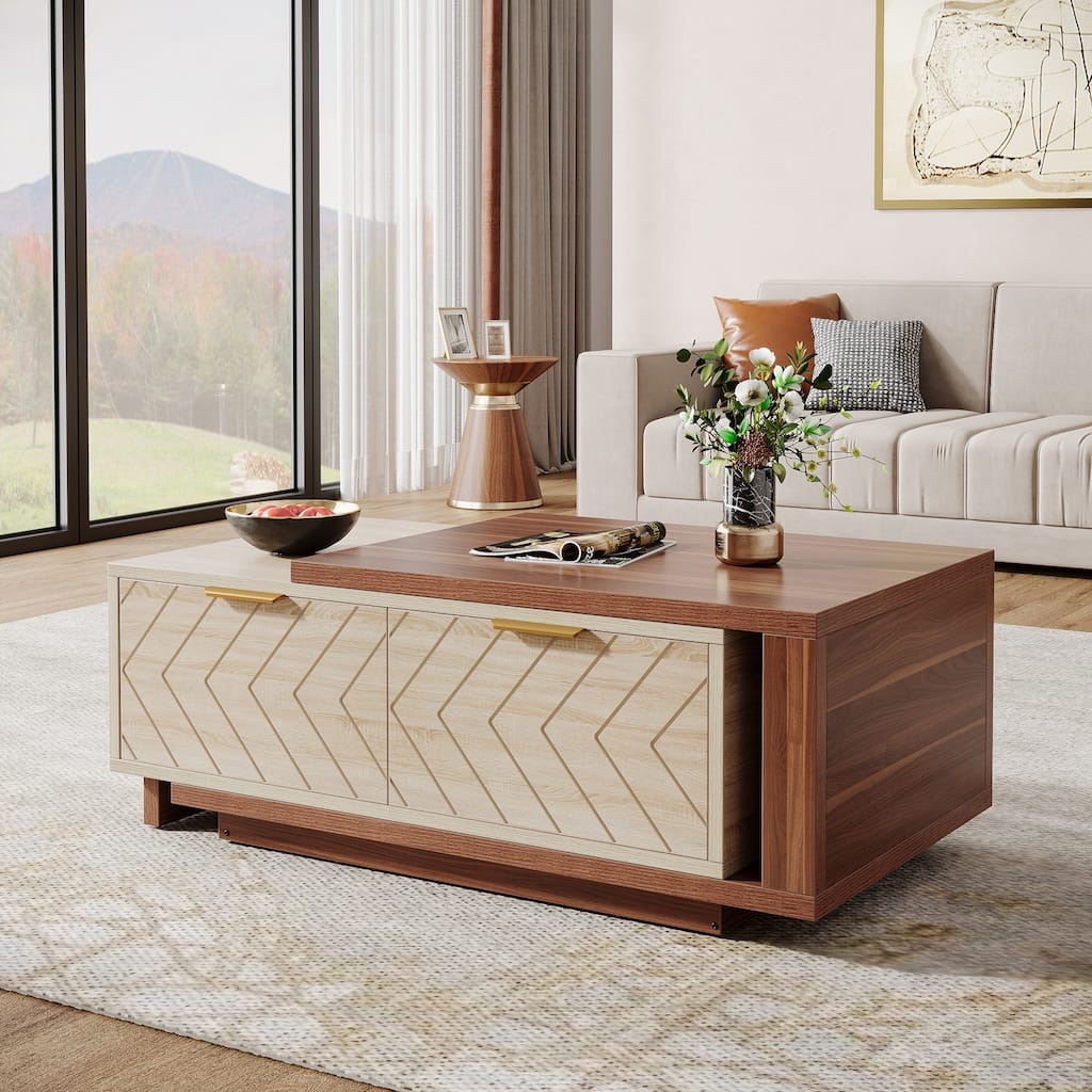 Wooden Extendable Center Coffee Table with Sliding Tabletop