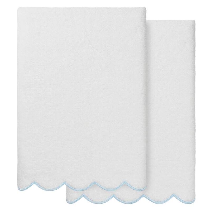 Authentic Hotel and Spa 100% Turkish Cotton ADORNIA Scallop Bath Towel - White/Blue - 2 Bath Towels