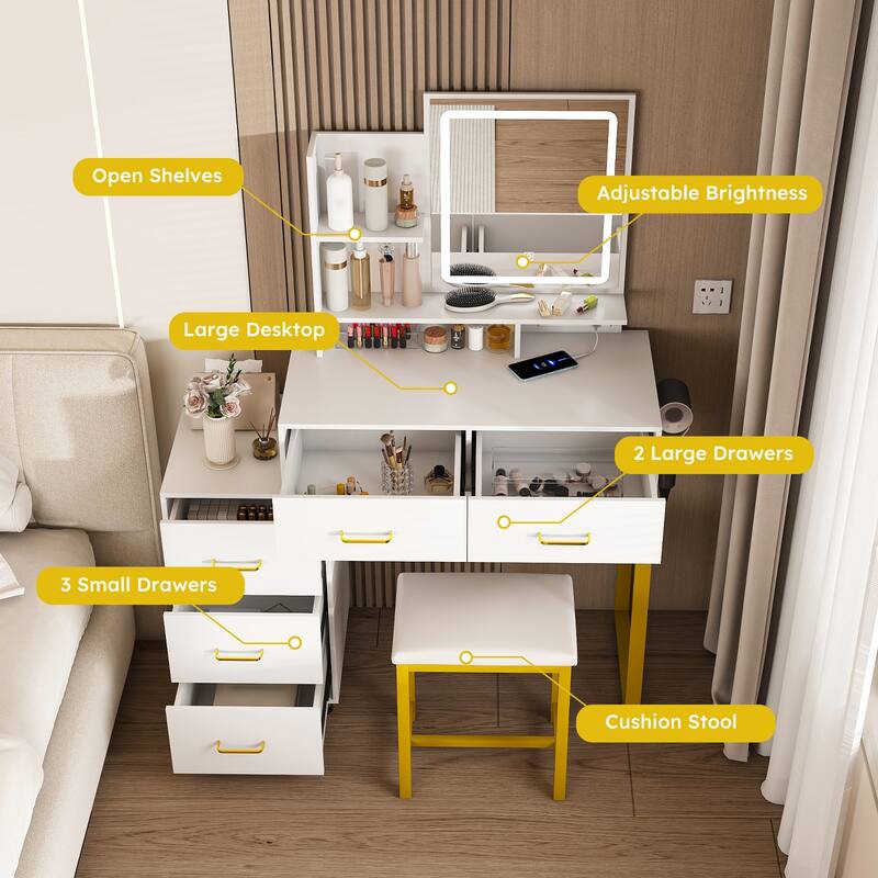 Makeup Vanity Table Set with LED Light Mirror & Metal Chair, Bedroom Dressing Table with Power Outlet & Hair Dryer Rack