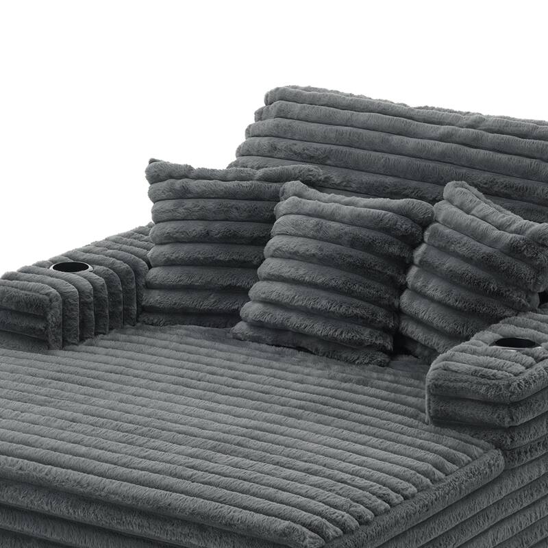 53"W Oversized Plush Fur-Like Chaise Lounge Sofa with Cup Holder