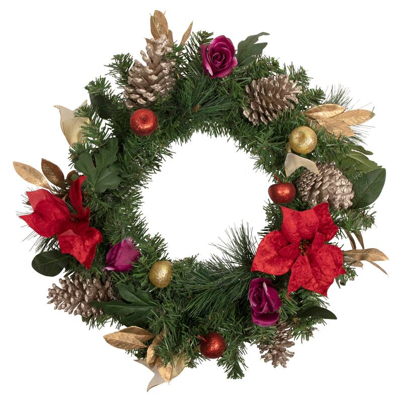 Decorated Red Poinsettia Rose Artificial Christmas Wreath, 24", Unlit