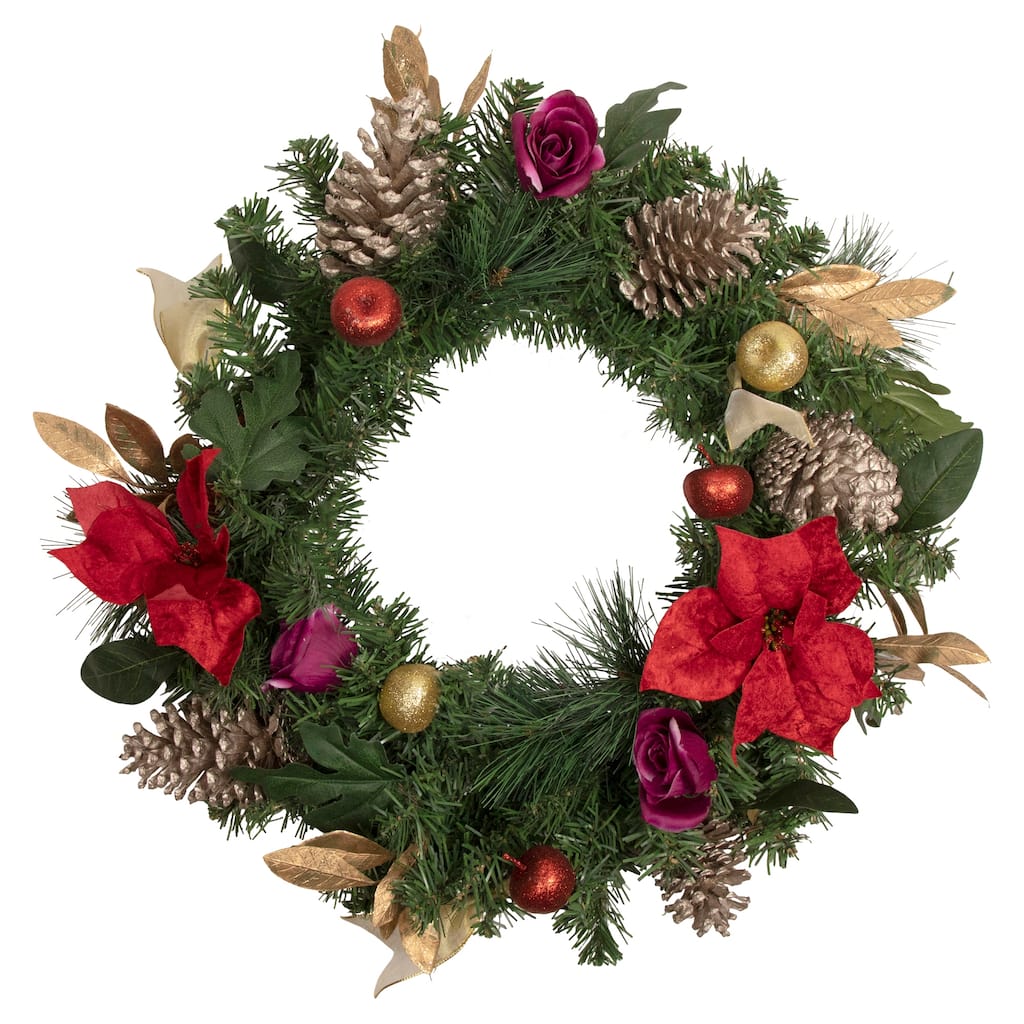 Decorated Red Poinsettia Rose Artificial Christmas Wreath, 24", Unlit