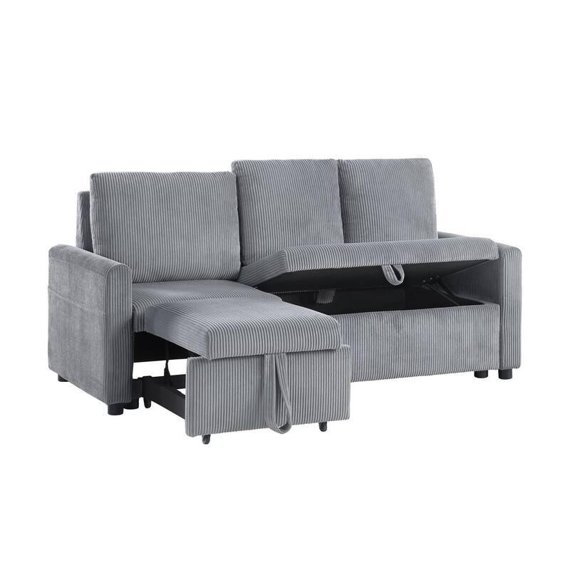 70"W Gray Corduroy Sofa with Pull-Out Chaise, Underseat Storage, Side Pocket