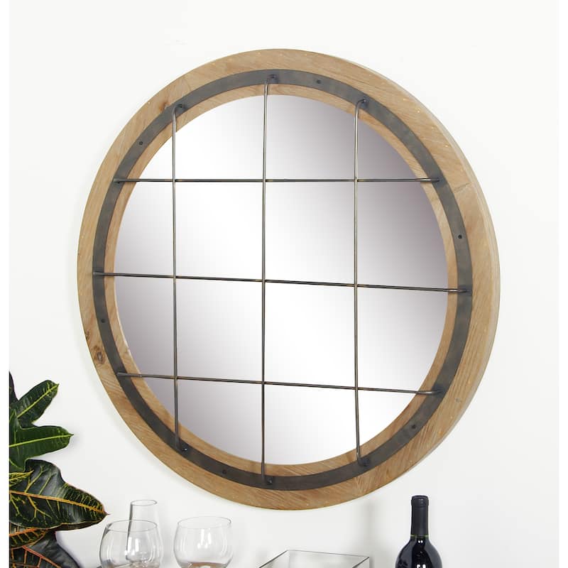Brown Wood Wall Mirror with Grid