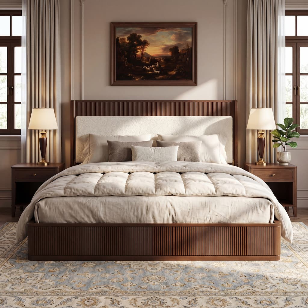 Christopher Knight Home - Modern Curved Boucle Upholstered Wooden Platform Bed, Vertical Channel Design & Wood Slat Support