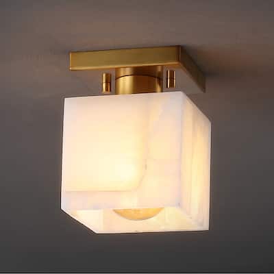Chiara 5" 1-Light Modern Contemporary Alabaster/Iron Cube LED Semi Flush Mount, White Marbling/Brass Gold by JONATHAN Y