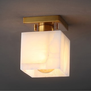Chiara 5" 1-Light Modern Contemporary Alabaster/Iron Cube LED Semi Flush Mount, White Marbling/Brass Gold by JONATHAN Y