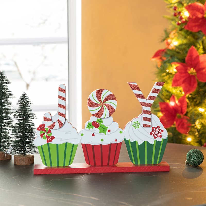 Glitzhome 12"L Christmas Wooden Cupcake JOY Table Decor