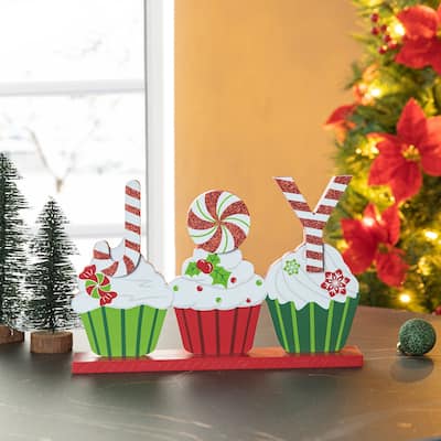Glitzhome 12"L Christmas Wooden Cupcake JOY Table Decor