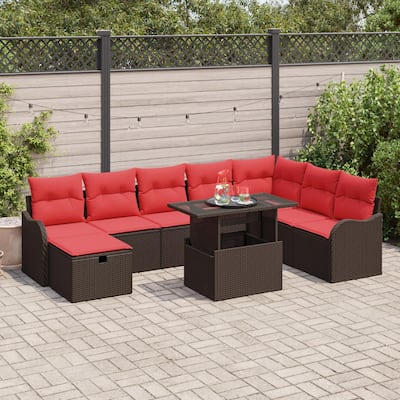 vidaXL 9 Garden Sofa Set with Cushions Black/Brown/Grey Poly Rattan - 113.2 x 73 x 27.2