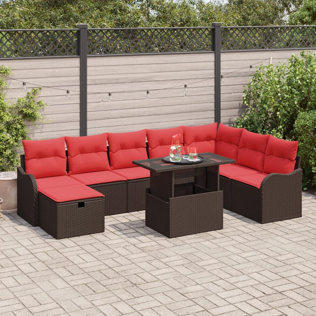 vidaXL 9 Garden Sofa Set with Cushions Black/Brown/Grey Poly Rattan - 113.2 x 73 x 27.2