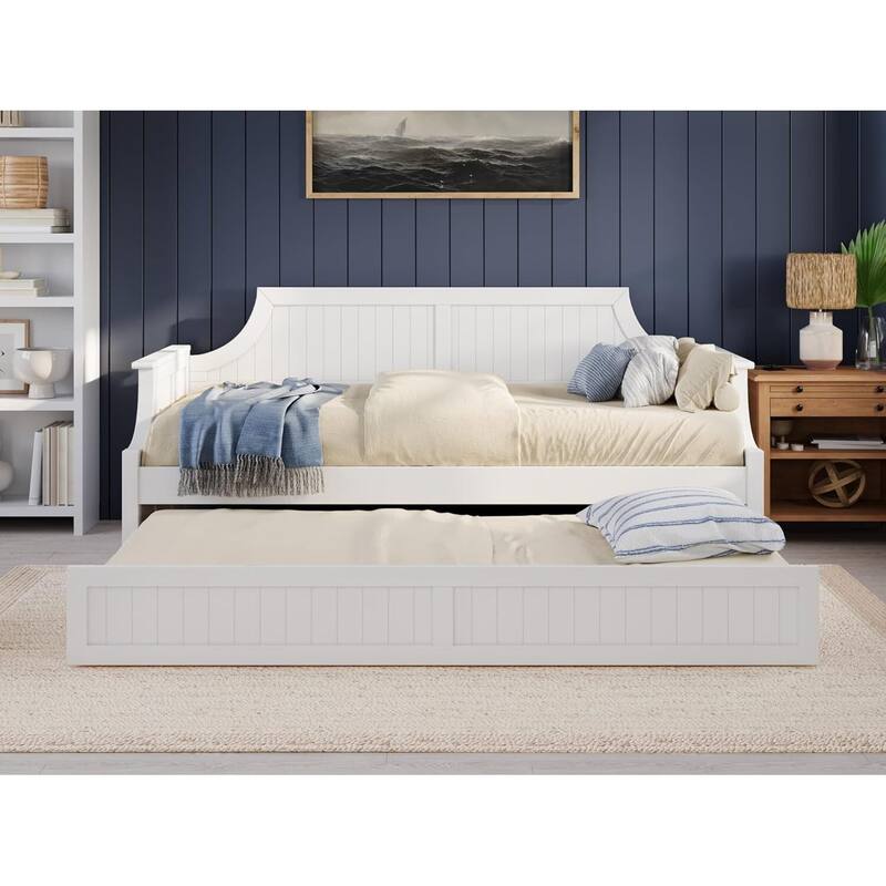 Twin Daybed with Trundle - Mid-Century Wood Daybed - White Finish -