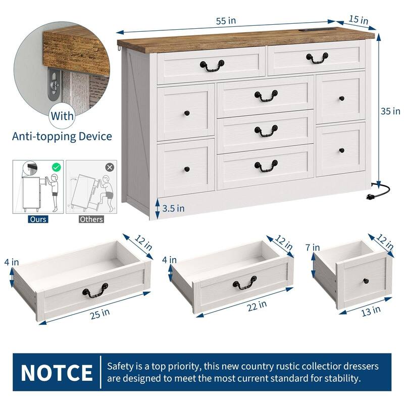 9 Farmhouse Dresser, with Charging Station & Metal Handle